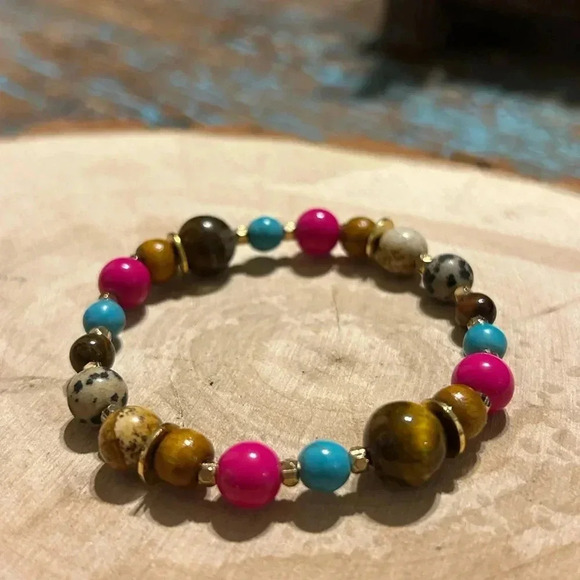 🩵🩷Handmade Dalmatian Jasper + Picture Jasper + Tiger’s Eye + Garnet Bracelet - Picture 1 of 4